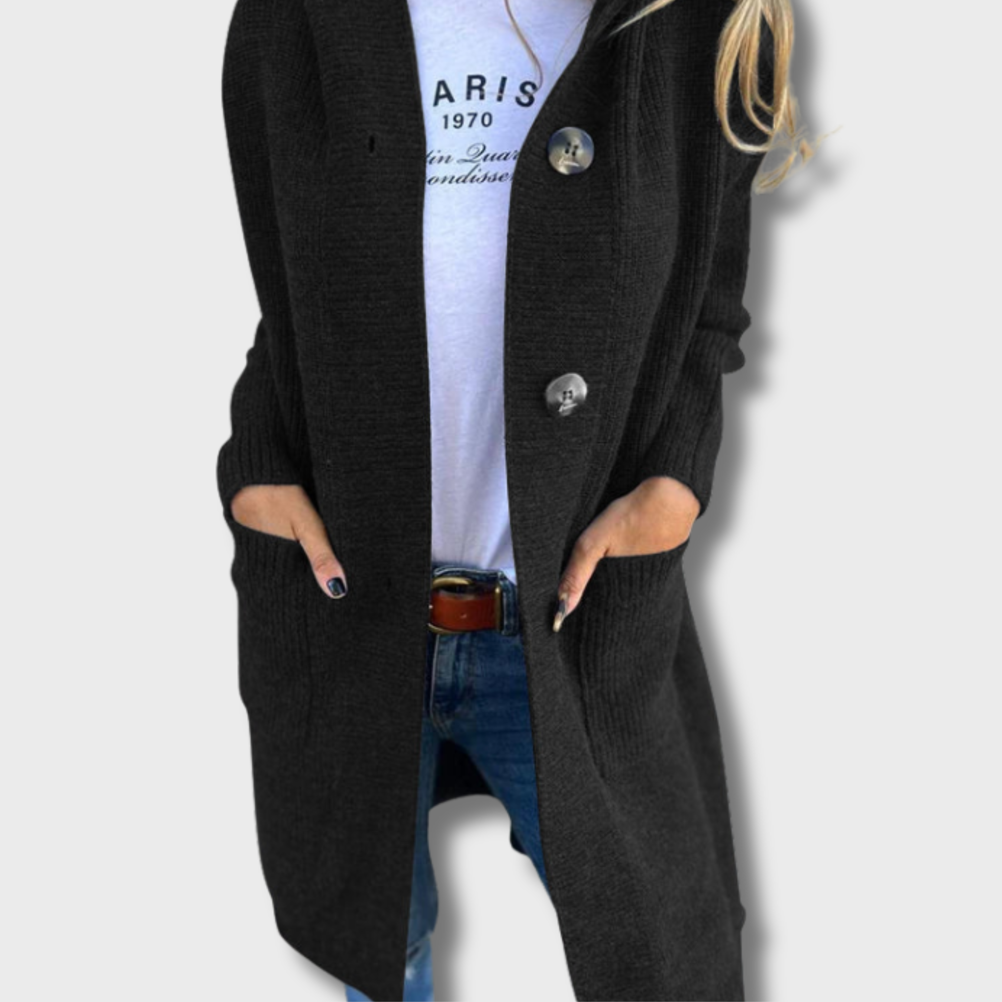 Pitkä neulottu kardigan, elegantti